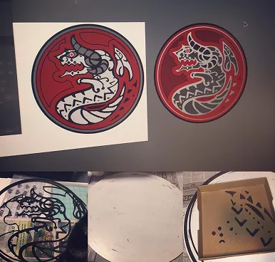 Multiple dragon art prints in process — flat and layered versions